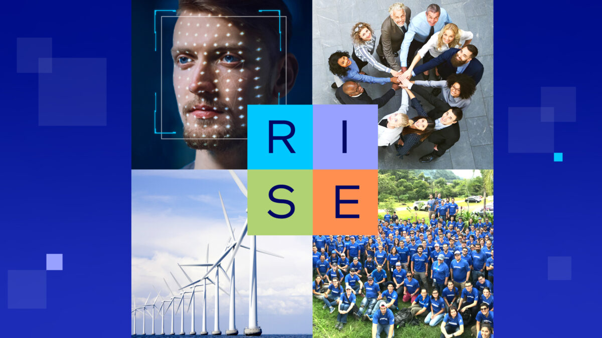 Collage with four images: a facial recognition overlay on a mans face, a group of diverse colleagues forming a huddle, wind turbines against a cloudy sky, and a large group of people in blue shirts outdoors. RISE is overlaid at the center.