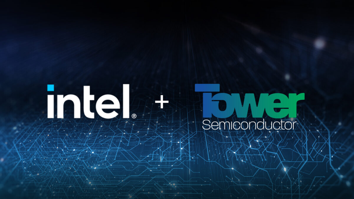 Logos of Intel and Tower Semiconductor are shown side by side on a dark, digitally-themed background with circuit-like designs.