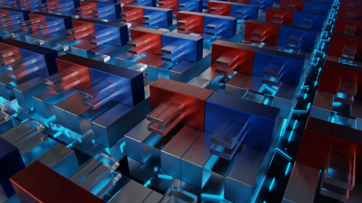 A 3D illustration of interconnected red and blue rectangular blocks with glowing blue lines beneath them, resembling a complex circuit or digital network. The perspective is angled, creating a futuristic and dynamic visual effect.