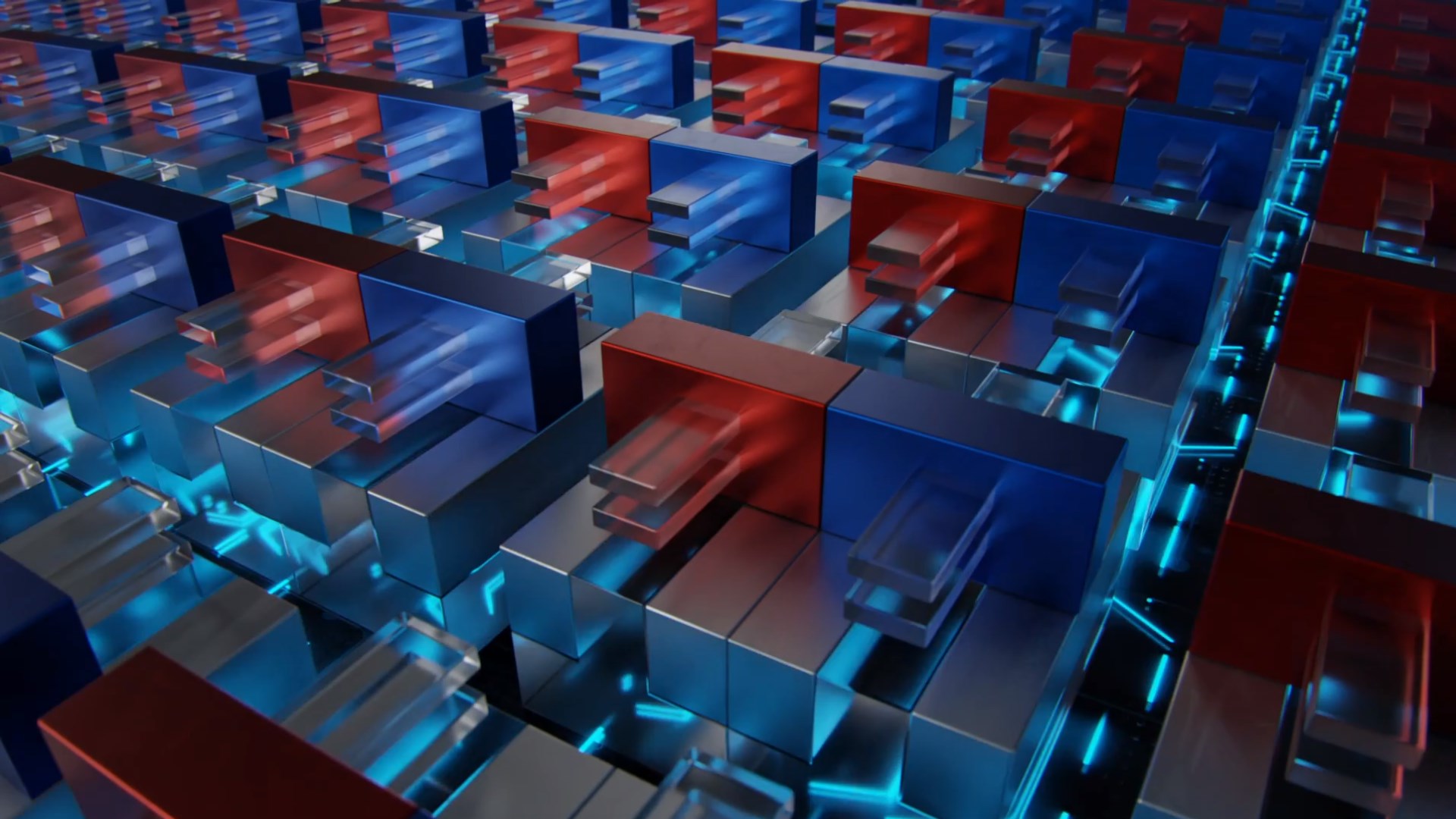 A 3D illustration of interconnected red and blue rectangular blocks with glowing blue lines beneath them, resembling a complex circuit or digital network. The perspective is angled, creating a futuristic and dynamic visual effect.