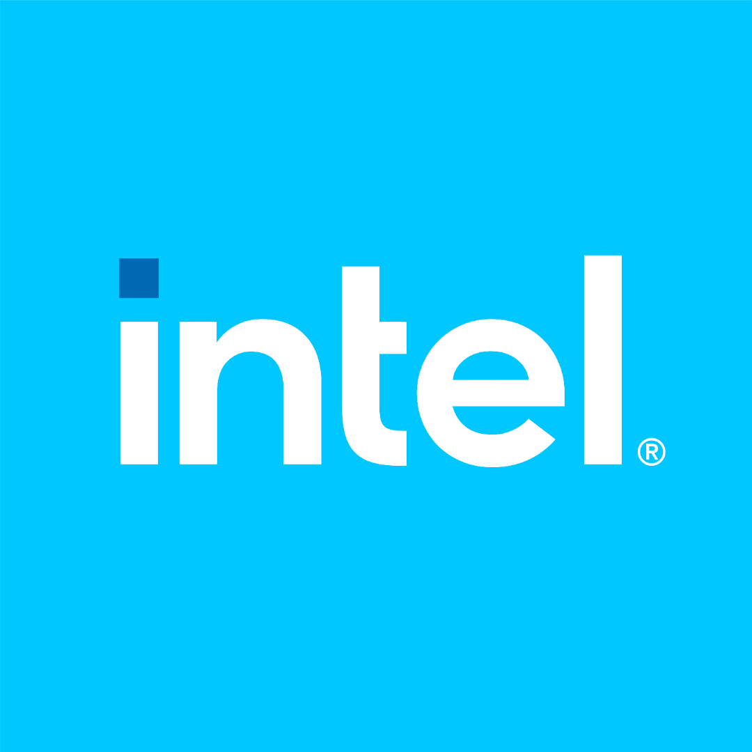 Intel logo on a bright blue background, featuring the word intel in white lowercase letters with a small square above the i.