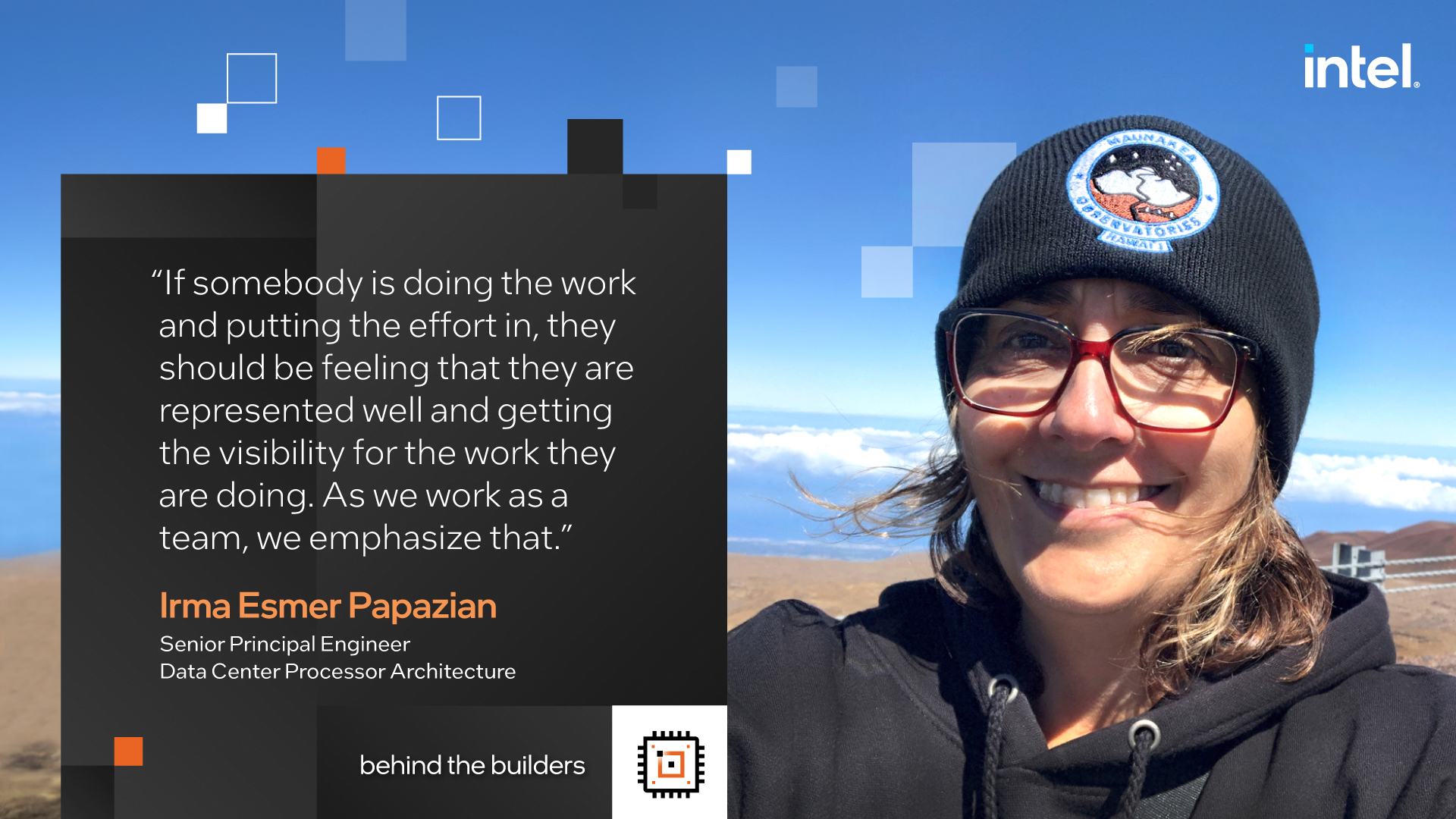 A woman wearing glasses and a beanie smiles outdoors with a mountainous landscape in the background. A quote next to her reads about the importance of representation and visibility in teamwork. The image includes labels: Irma Esmer Papazian and intel.