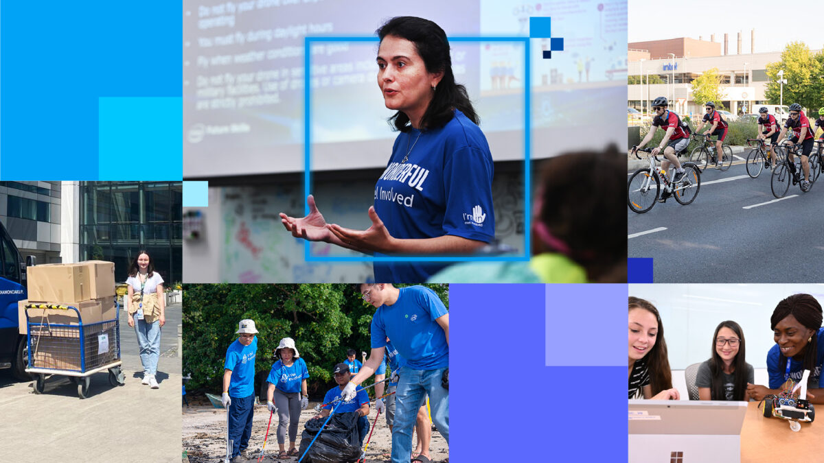 A collage showing a woman speaking at an event, people biking, a group cleaning outdoors, and three women collaborating at a computer. Another image features a woman pushing a cart with boxes labeled Microsoft.