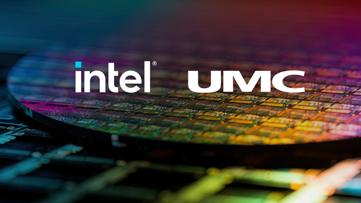 A colorful silicon wafer with the logos of Intel and UMC prominently displayed on its surface. The background features a gradient of colorful light reflecting off the wafer.