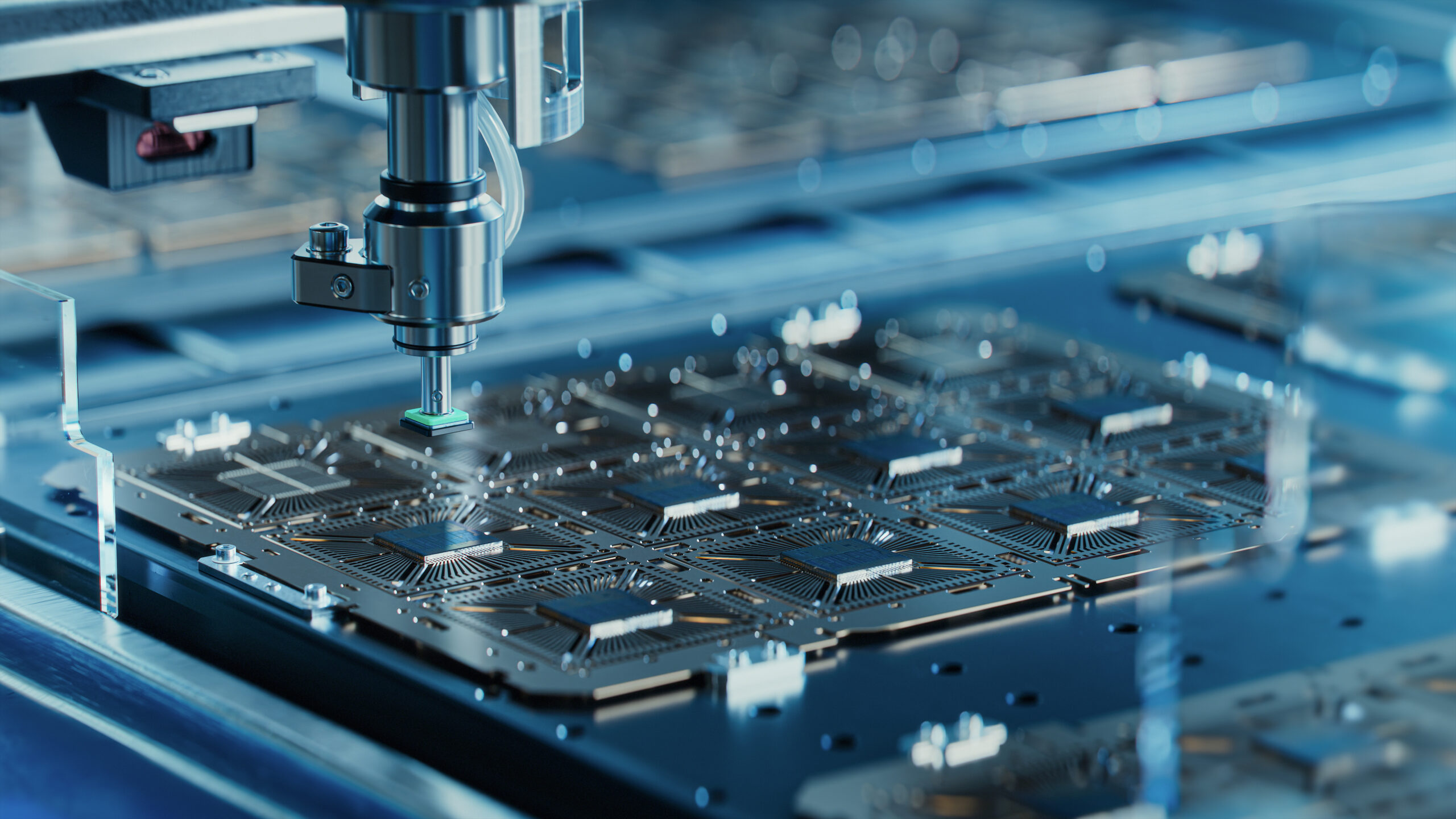 Close-up of a robotic arm assembling microchips on a circuit board. The setting is a high-tech factory with blue lighting, showcasing precision engineering and automation in electronics manufacturing.