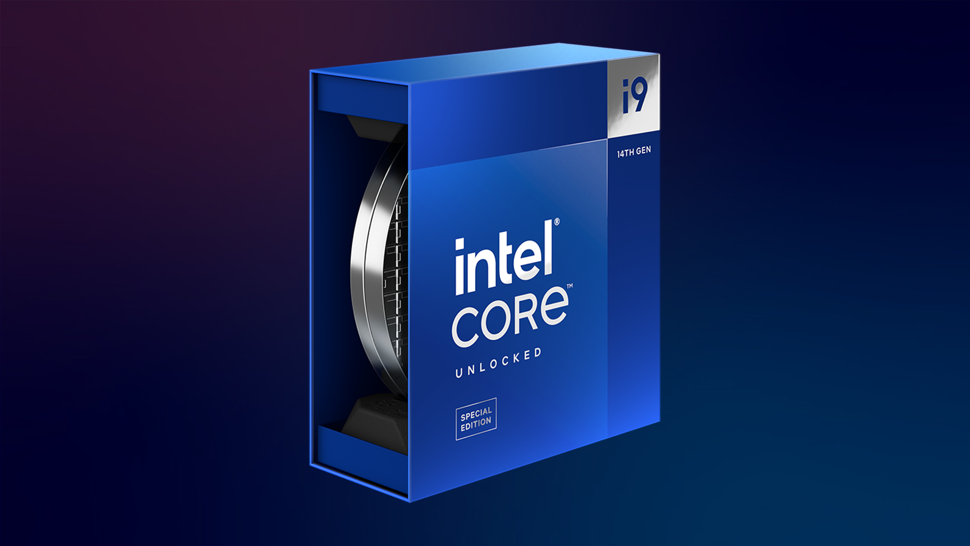 A blue Intel Core i9 processor box featuring the text Unlocked and Special Edition. The box is partially open, revealing the CPU inside, set against a dark gradient background.