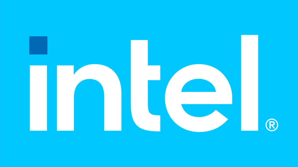 The image features the Intel logo. It consists of the word intel in lowercase white letters on a blue background, with a small blue square dot above the i.