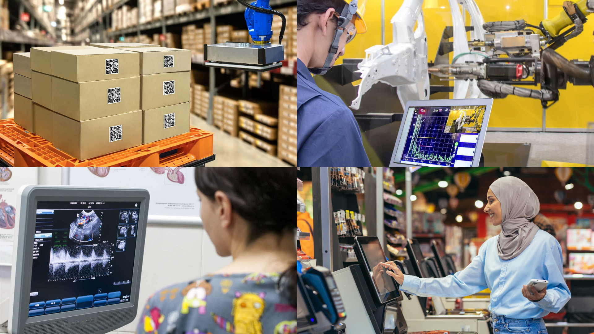 A collage of four images: Boxes with QR codes in a warehouse, a person operating a machine with a monitor, a person observing a medical ultrasound display, and a person using a self-checkout in a store.