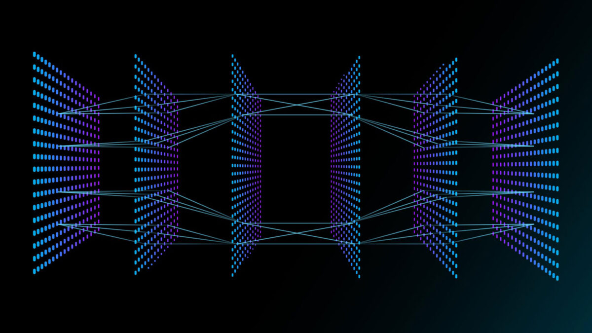 A digital illustration of a neural network with multiple layers. Each layer consists of numerous interconnected nodes represented by blue and purple dots. Lines connect the nodes across different layers, forming a complex web-like structure.