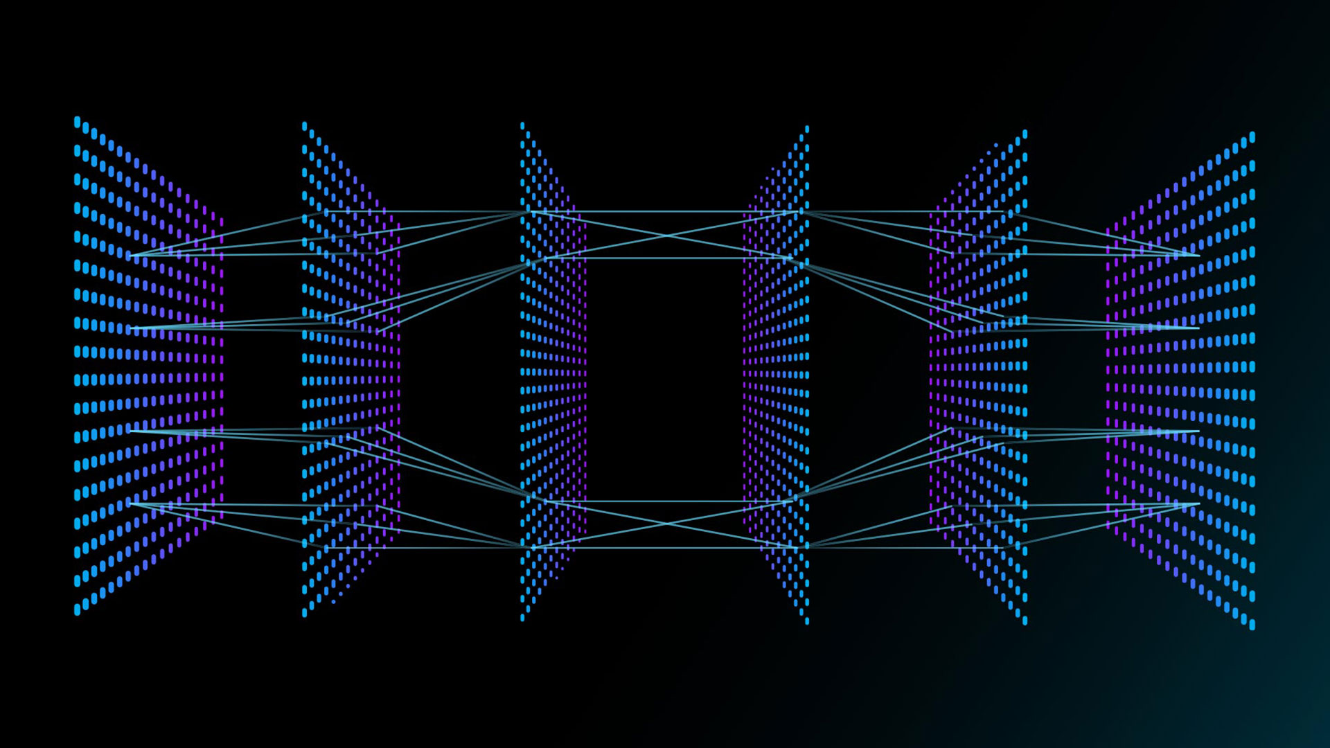 A digital illustration of a neural network with multiple layers. Each layer consists of numerous interconnected nodes represented by blue and purple dots. Lines connect the nodes across different layers, forming a complex web-like structure.