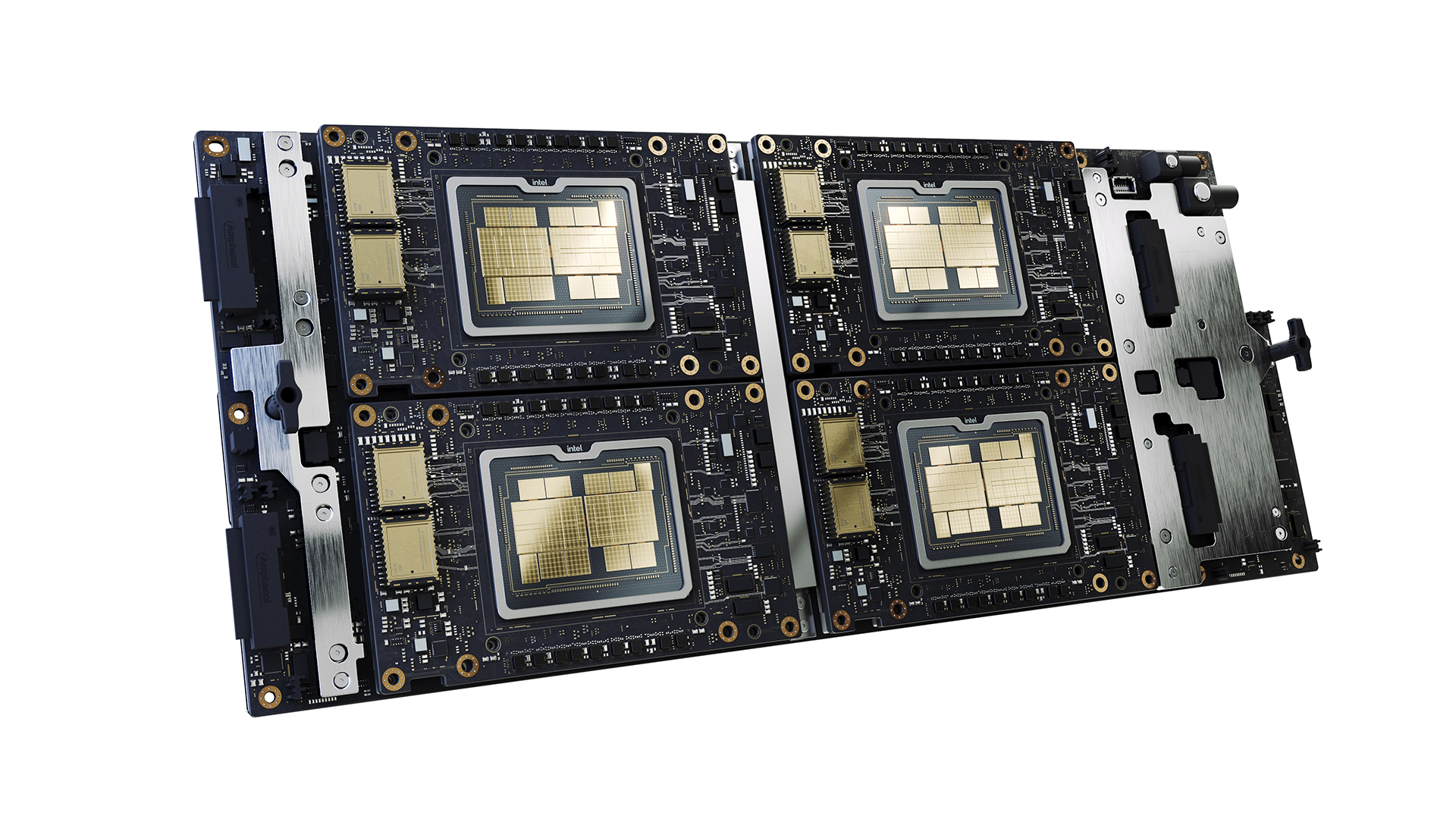 A close-up of a computer circuit board with multiple interconnected processors. The board features various components, including capacitors and connectors, arranged in a rectangular layout with a metallic bracket on the side.