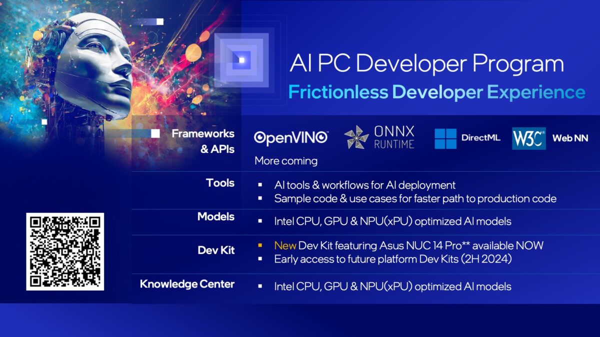 AI PC Developer Program infographic highlighting frameworks like OpenVINO, ONNX Runtime, DirectML, and W3C. It mentions tools, models, a new dev kit, and a knowledge center. Features a colorful abstract design on the left.