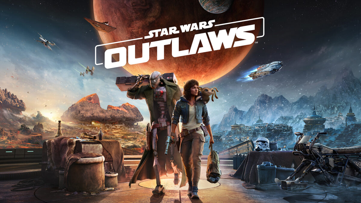 A dynamic scene from Star Wars Outlaws featuring two characters in a sci-fi setting. One carries a weapon, and the other holds a small creature. A large planet looms overhead with spacecraft flying nearby. Rugged terrain and futuristic gear surround them.