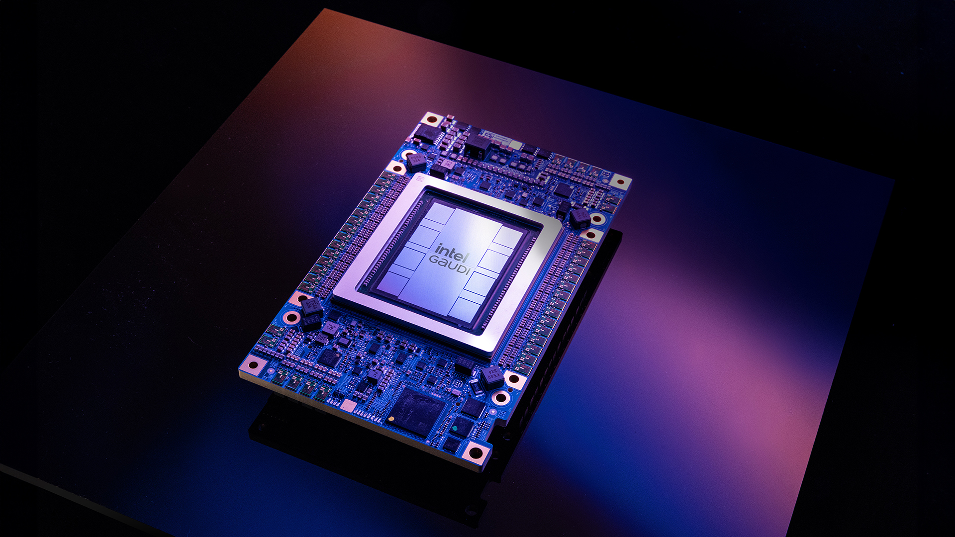 A close-up of an Intel Gaudi2 AI processor chip mounted on a circuit board, displayed on a reflective surface with ambient blue and purple lighting.