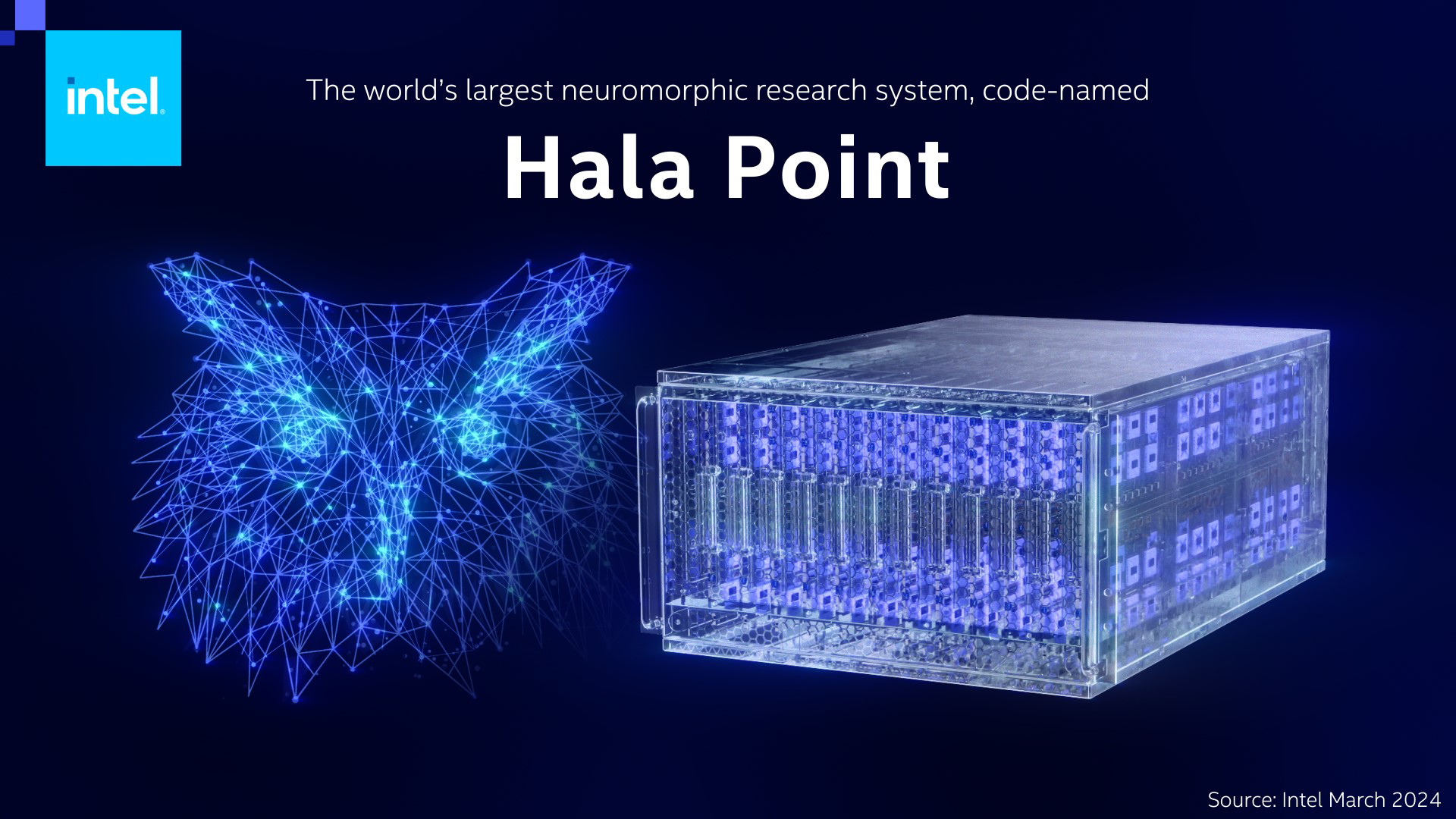 A digital owl image next to a transparent computer server with illuminated blue circuitry, showcasing Intels Hala Point, described as the worlds largest neuromorphic research system.