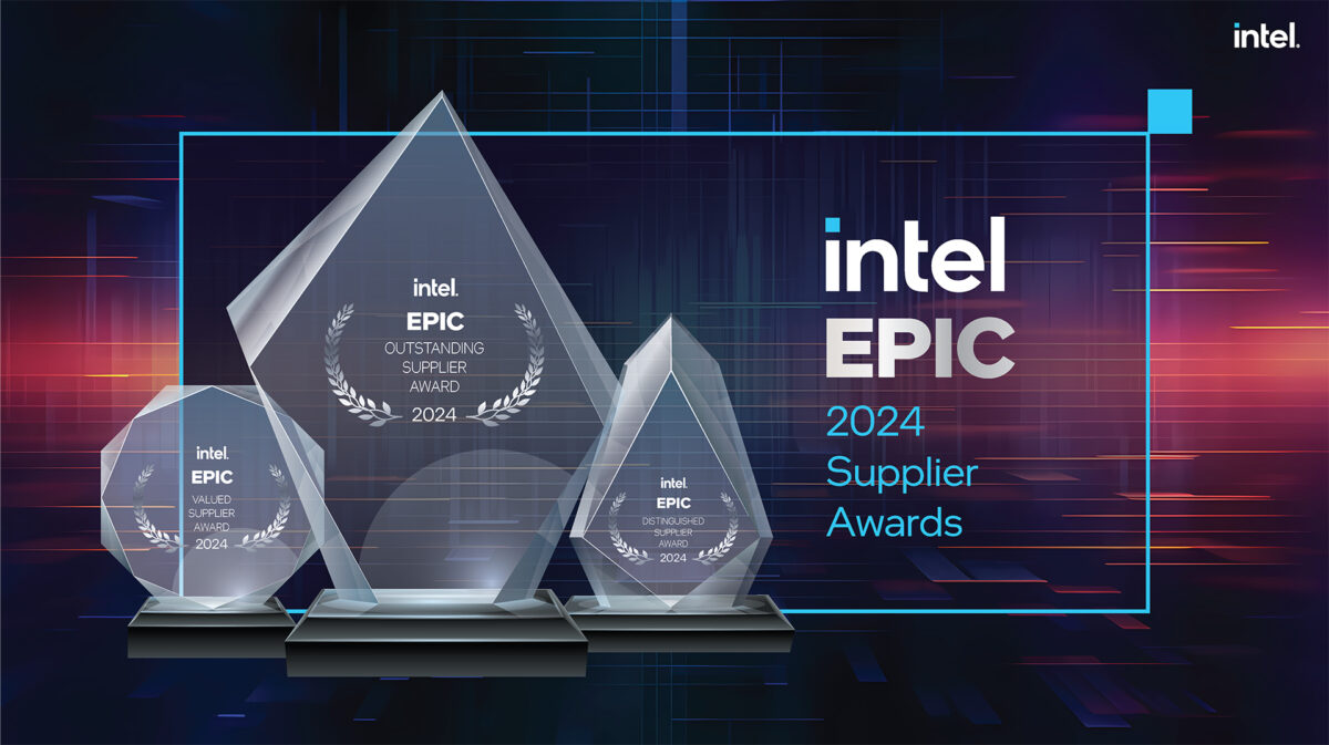 Three glass awards on a vibrant gradient background display Intels EPIC 2024 Supplier Awards, each labeled for different categories: Outstanding Supplier and Valued Supplier.