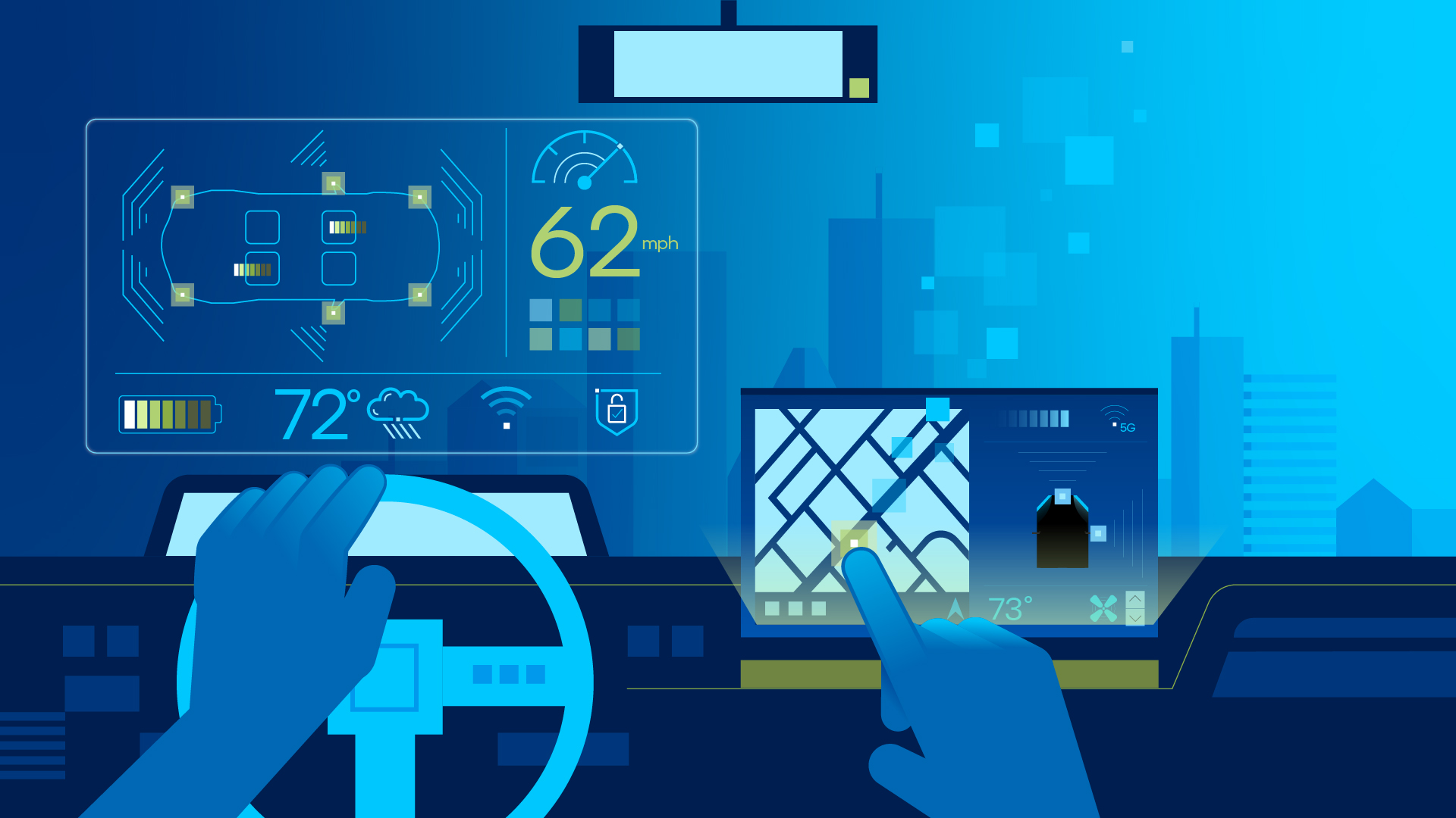 Illustration of a futuristic car dashboard with digital displays. A drivers hands are on the steering wheel and interacting with a touchscreen showing a map. The dashboard displays speed, climate controls, and a digital cityscape in the background.