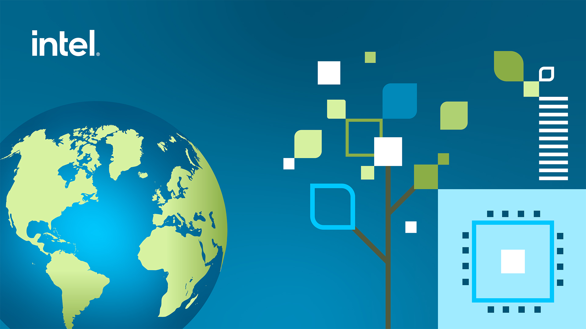 An illustrated image featuring a globe on the left, a stylized tree with geometric leaves in the center, and a microchip design on the right. The Intel logo is displayed in the top left corner. The background is a gradient of blue shades.