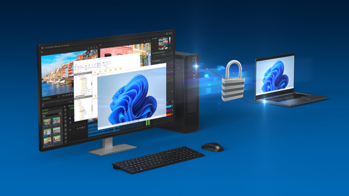 A desktop PC and a laptop are connected, represented by a padlock and digital data streams. The desktop displays an operating system interface with various windows open, including photos and folders. A keyboard and mouse are placed in front of the PC.