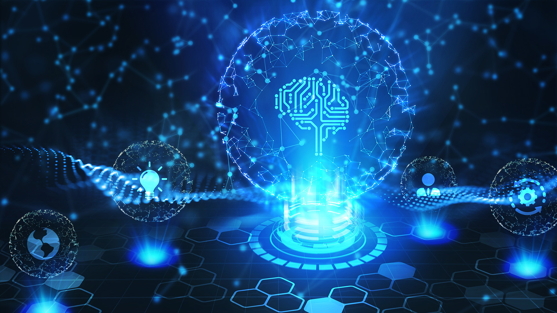 A glowing blue digital brain inside a transparent sphere with circuit patterns, surrounded by circular icons representing innovation, settings, and global connectivity on a futuristic hexagonal grid background.