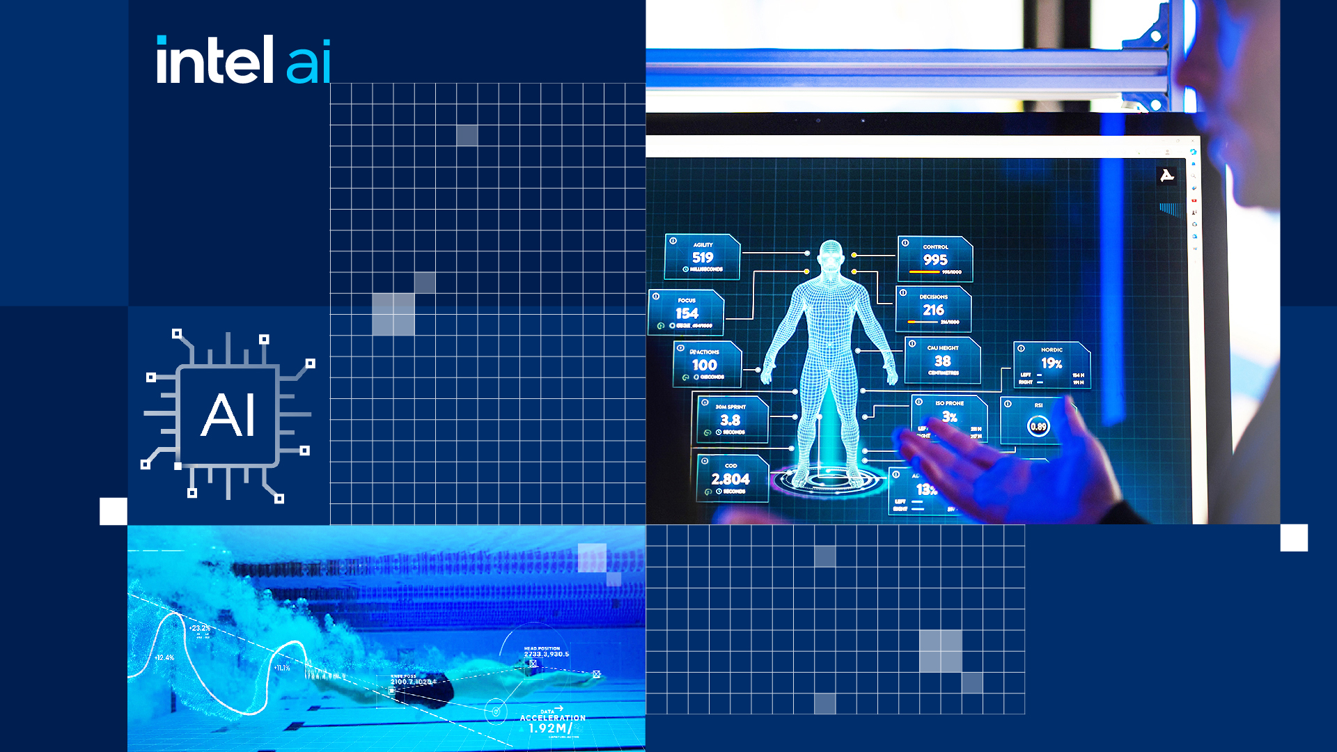 A digital collage featuring Intel AI branding, a circuit chip icon labeled AI, a holographic human figure with data metrics, and a swimming pool with data overlays indicating analysis of water activity.