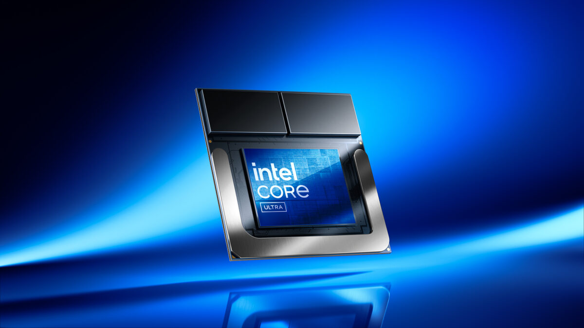 A digital image of an Intel Core Ultra chip on a blue gradient background. The chip is shown standing upright, with a reflective surface below it, highlighting the brand name.