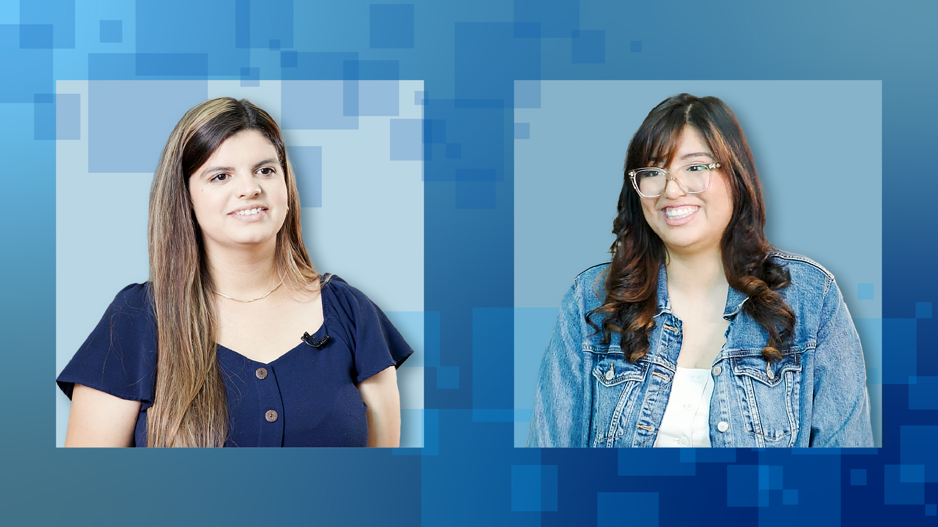 Two women are featured in separate portrait boxes against a geometric blue background. The woman on the left has long hair and wears a navy top, while the woman on the right has wavy hair, glasses, and a denim jacket. Both women are smiling.