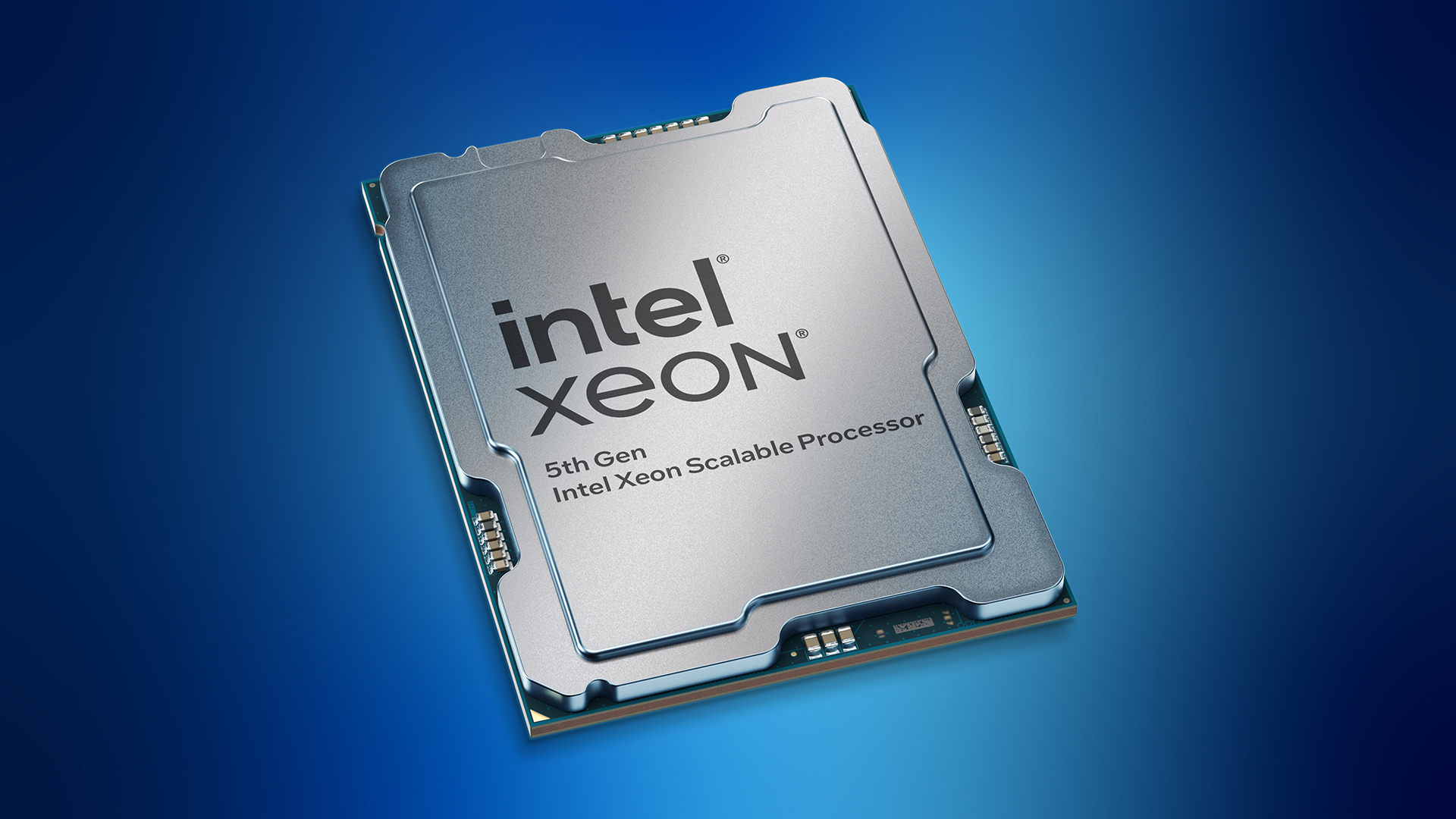 Image of an Intel Xeon 5th Gen scalable processor on a blue gradient background. The processor features a sleek metallic design with visible circuitry on the edges.