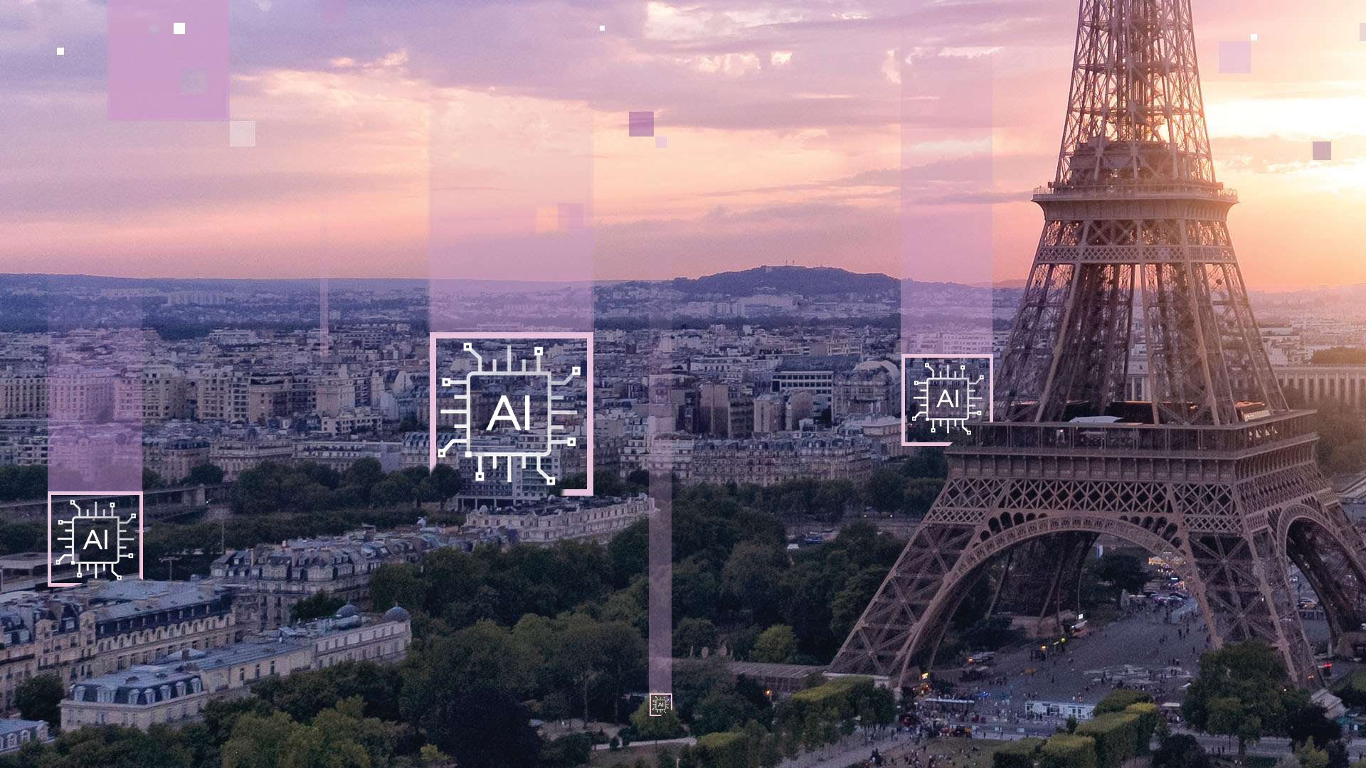 Aerial view of the Eiffel Tower at sunset with digital graphics overlay symbolizing artificial intelligence. The cityscape of Paris stretches in the background under a pink and orange sky.