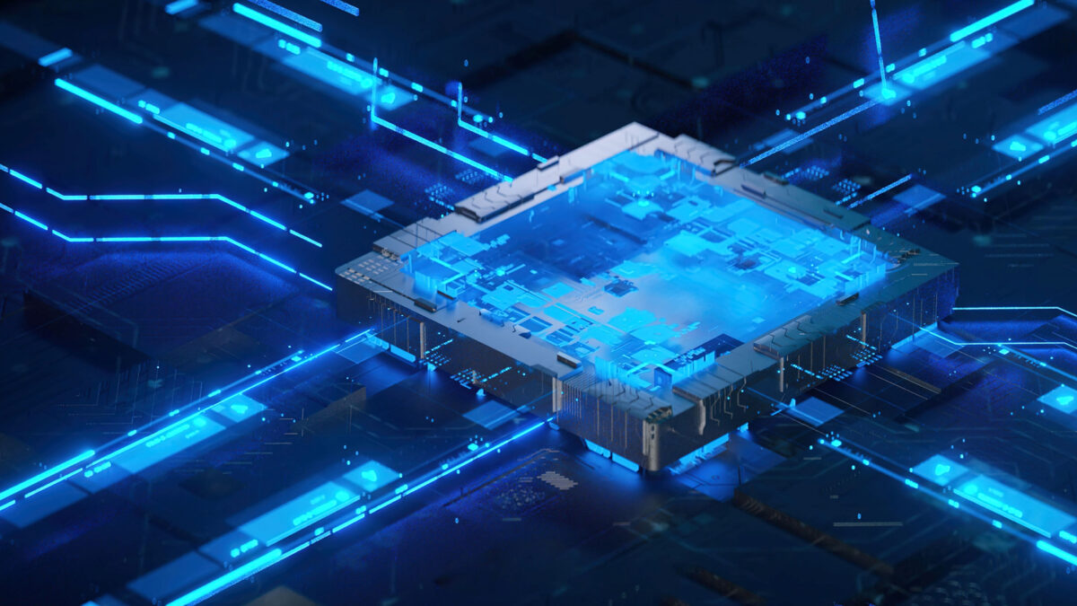 A glowing blue microchip on a dark circuit board, emitting vibrant neon light pathways that extend outward. The scene conveys a futuristic and technological atmosphere, with intricate details highlighting the complexity of the circuitry.