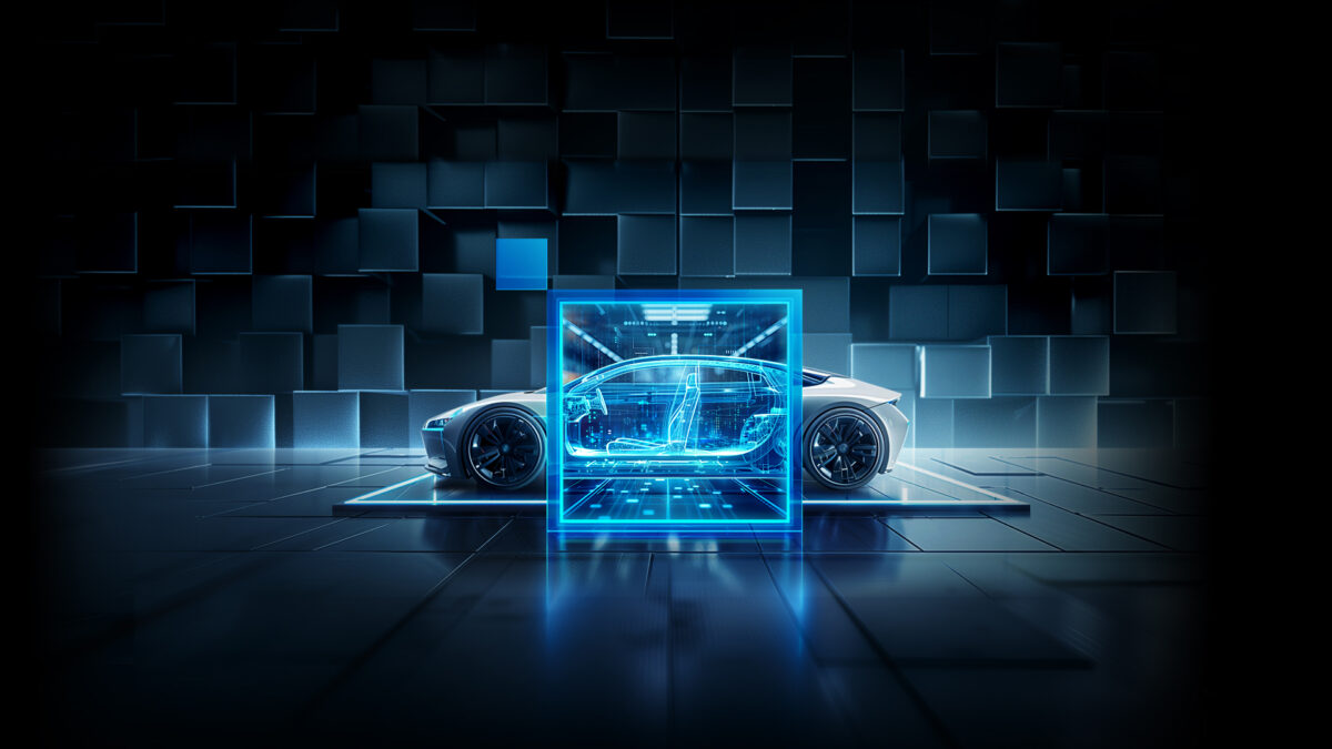 A sleek car is displayed in a futuristic digital setting, with a blue holographic square highlighting its design. The background features a dark grid pattern, enhancing the tech-themed ambiance.