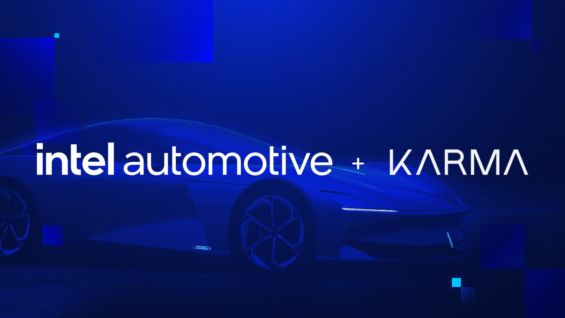 A sleek, futuristic blue car with the logos Intel Automotive and Karma prominently displayed against a dark blue gradient background.