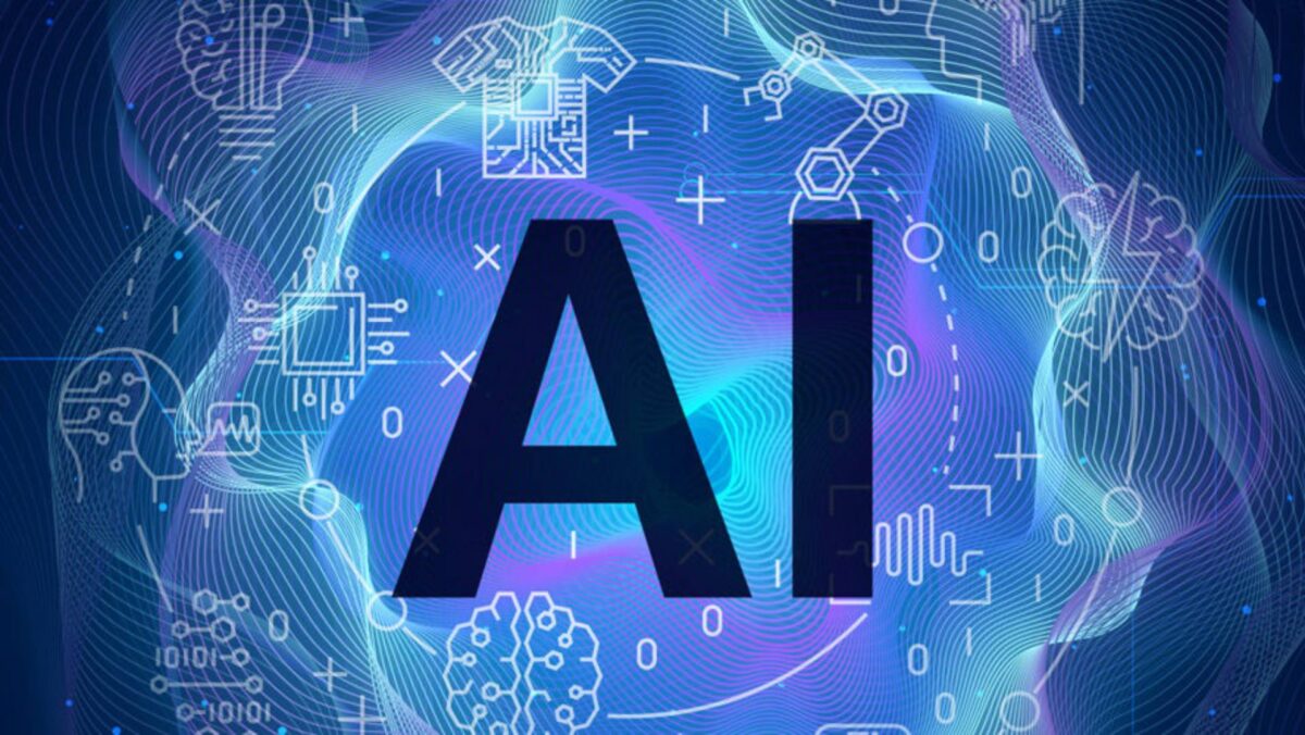 Abstract image featuring the large text AI in the center. The background is a digital, blue and purple swirl with various technological icons and symbols scattered around, suggesting a theme of artificial intelligence and innovation.