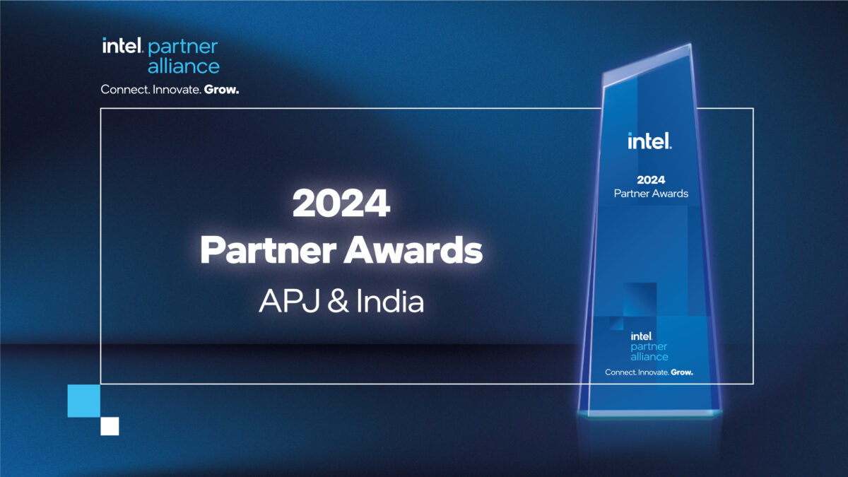 A digital banner for the Intel Partner Alliance 2024 Partner Awards. It highlights the regions APJ & India, featuring a trophy design on the right. The banners color scheme is blue, with the tagline Connect. Innovate. Grow.