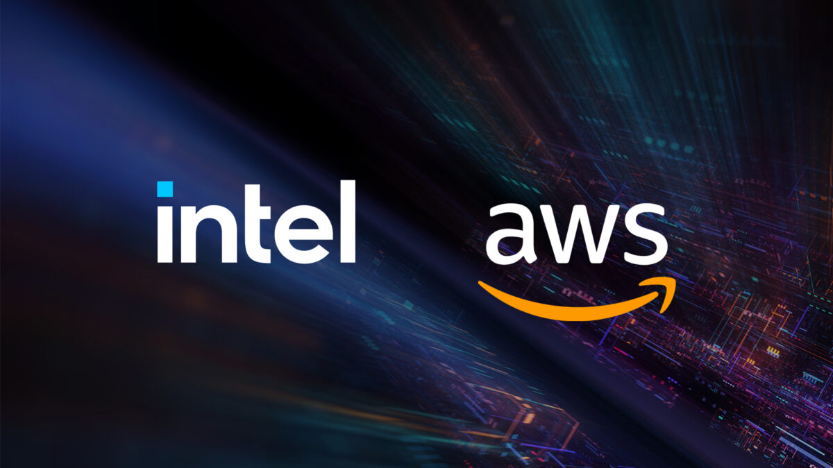 Logos of Intel and AWS side by side on a futuristic, abstract digital background with colorful streaks and light trails, suggesting technology and innovation.