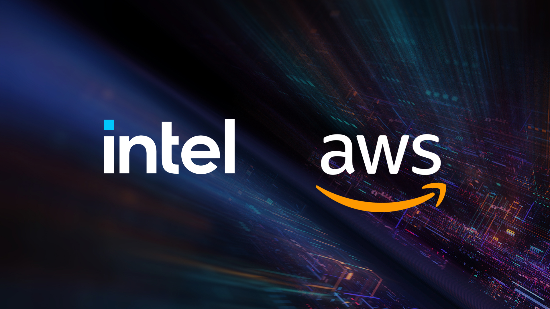 Logos of Intel and AWS side by side on a futuristic, abstract digital background with colorful streaks and light trails, suggesting technology and innovation.