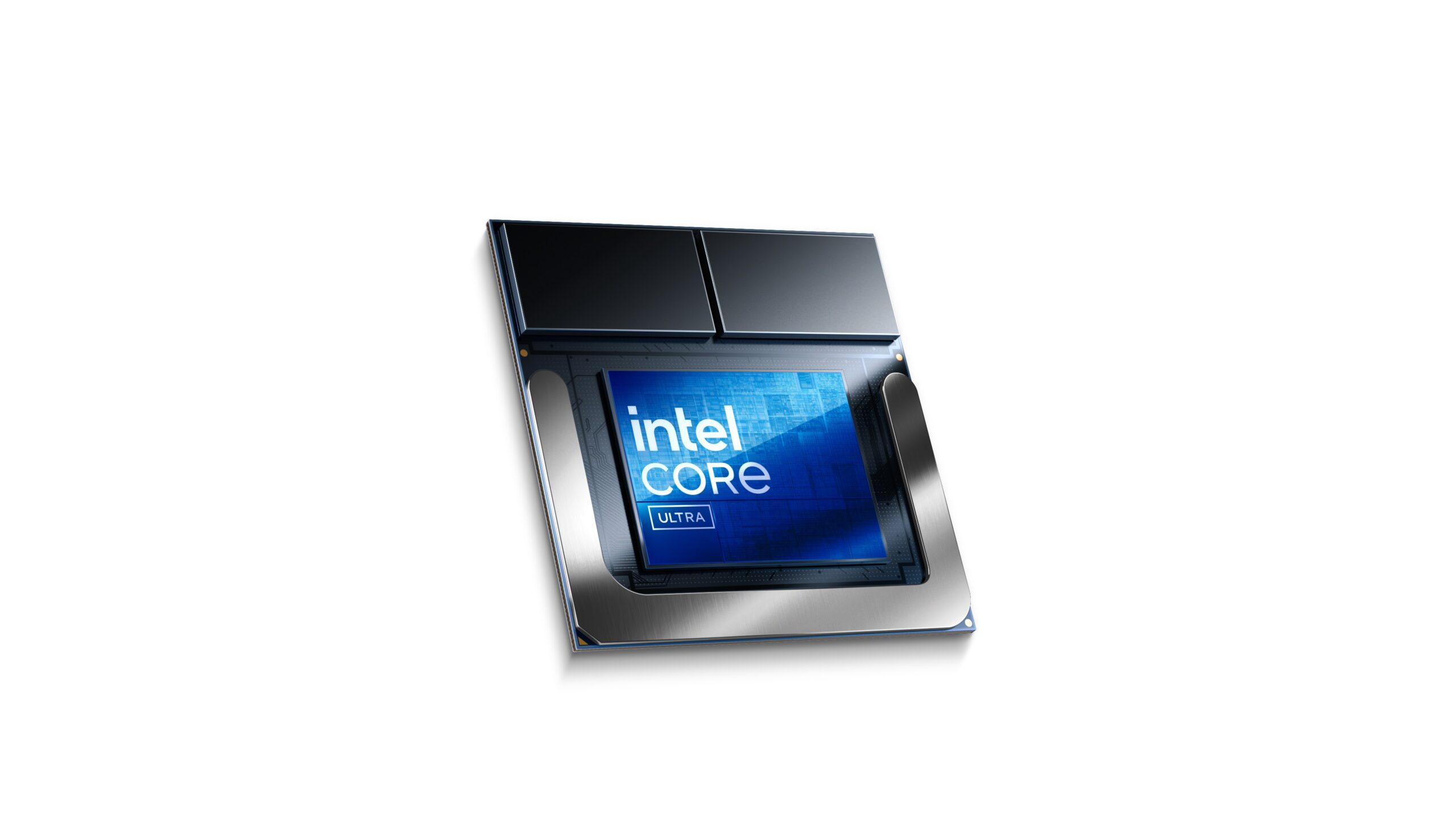 An Intel Core Ultra processor with a sleek design is displayed on a reflective surface. The processor features the Intel logo and branding on its surface, emphasizing its advanced technology and capability.