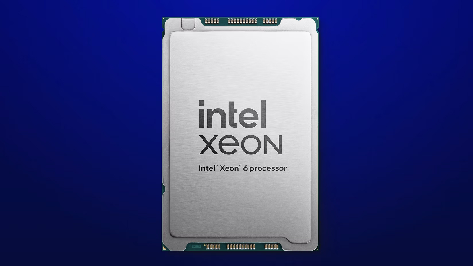 Image of an Intel Xeon processor on a blue background. The processors casing is silver with the Intel Xeon logo and the text Intel Xeon 6 processor printed on it.