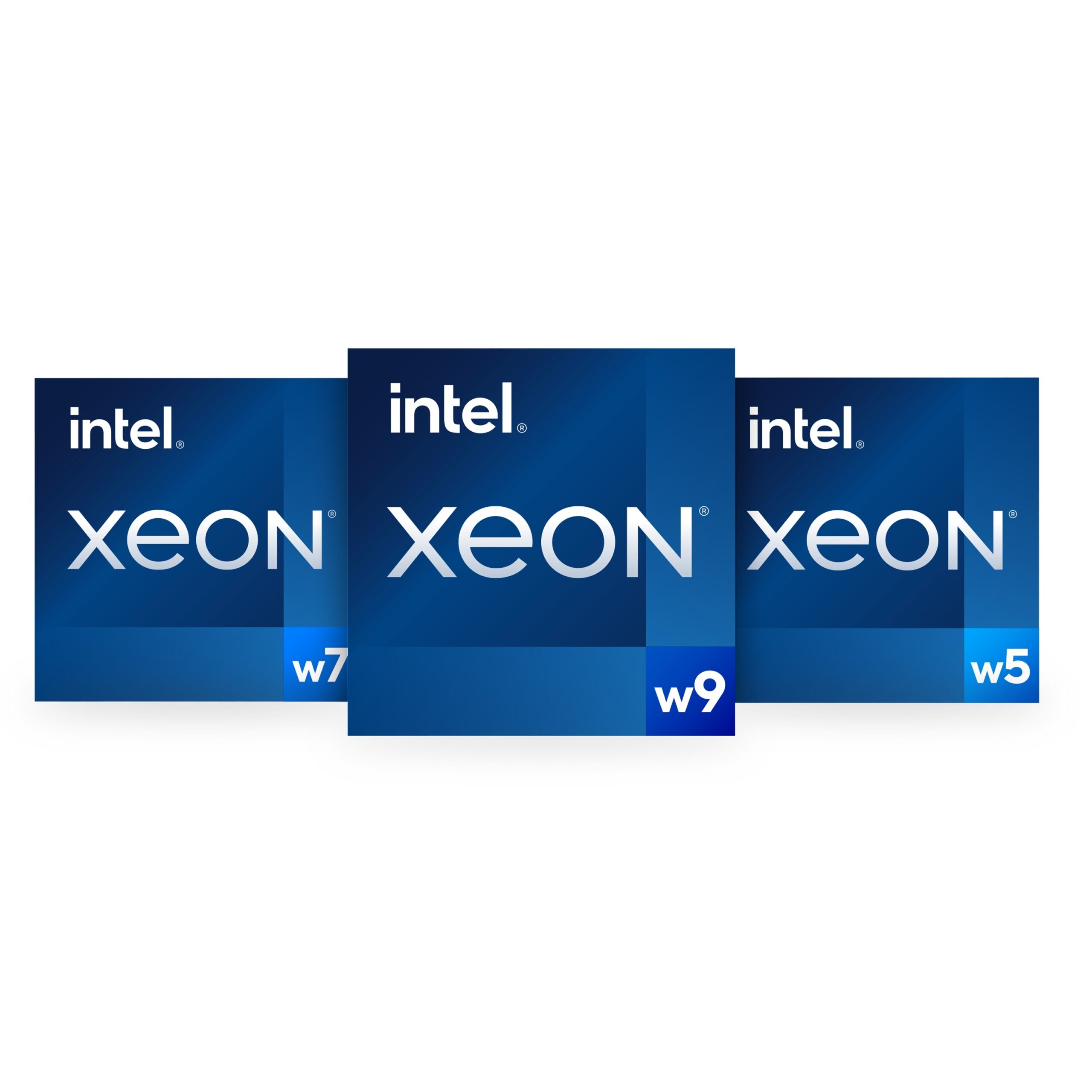 Image of three blue Intel Xeon processor boxes, labeled w7, w9, and w5, arranged in a staggered row. Each box features the Intel logo and Xeon text.