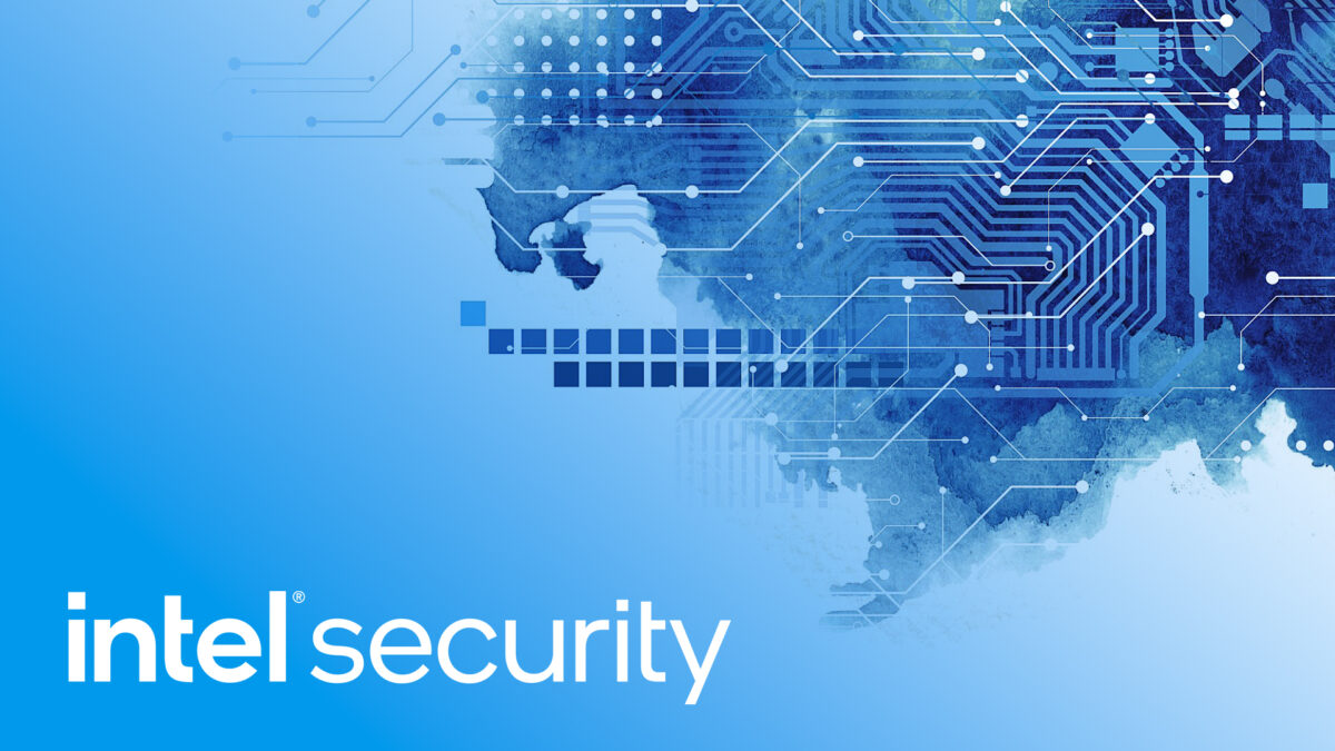 Blue and white image with the word intel security in the bottom left corner. The background features a digital circuit board pattern and abstract shapes, giving a technological and secure theme.