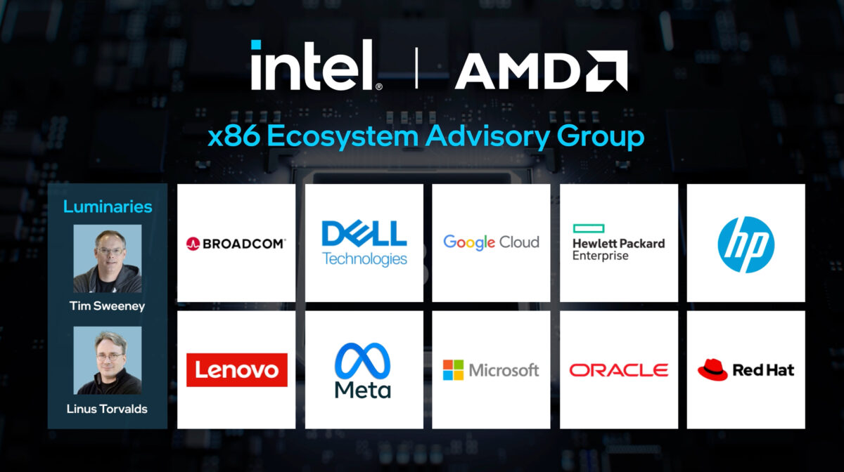 A graphic showing the x86 Ecosystem Advisory Group with logos of companies like Broadcom, Dell, Google Cloud, Hewlett Packard, Lenovo, Meta, Microsoft, Oracle, and Red Hat. Images of two individuals labeled Tim and Linus are on the left under Luminaries.