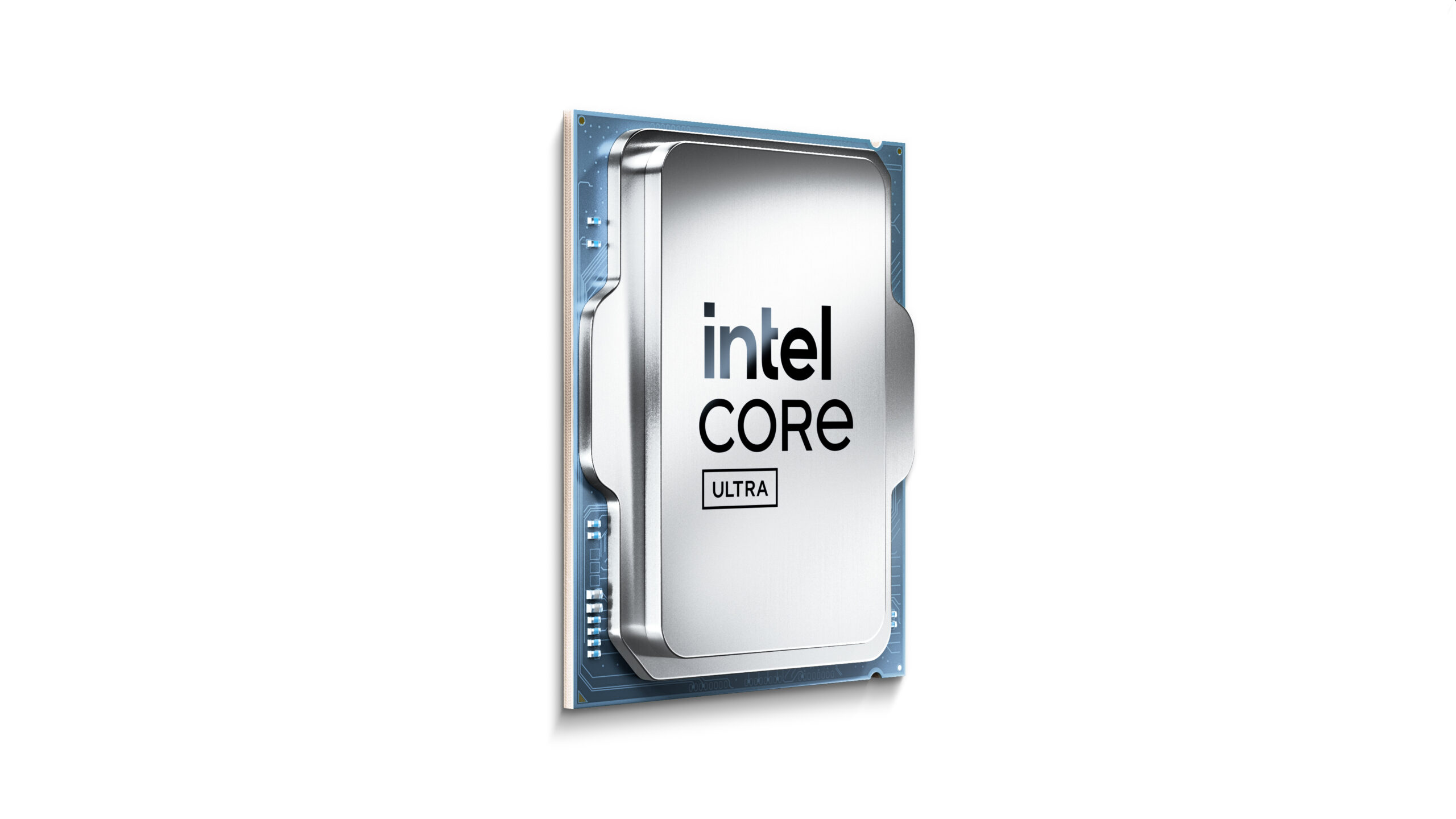 A close-up of an Intel Core Ultra processor, featuring a sleek metallic design with the Intel logo prominently displayed on the front against a white background.