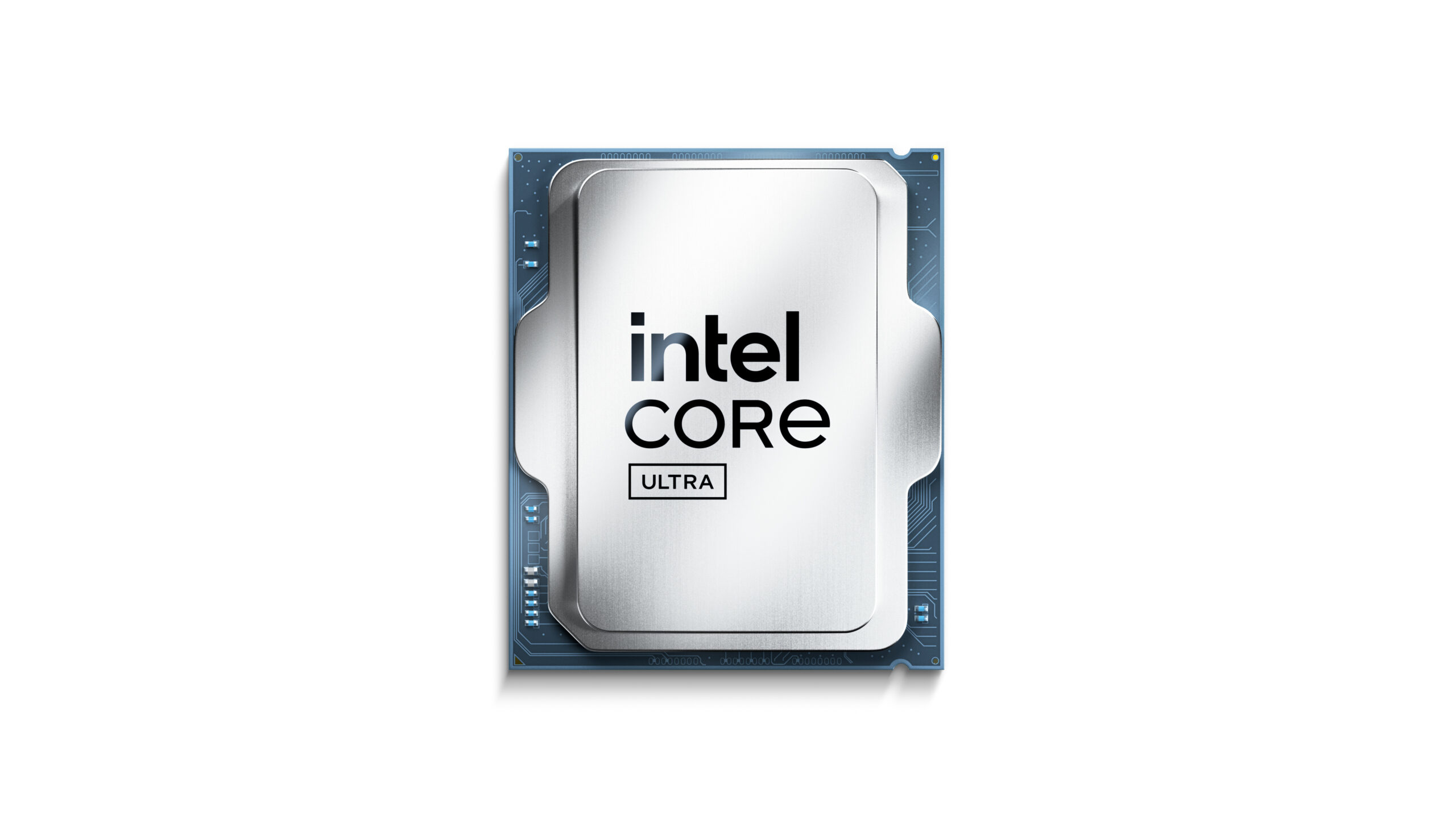 Image of an Intel Core Ultra CPU with a silver and blue design, featuring the Intel logo and the word Ultra prominently displayed. The CPU is shown against a plain white background.