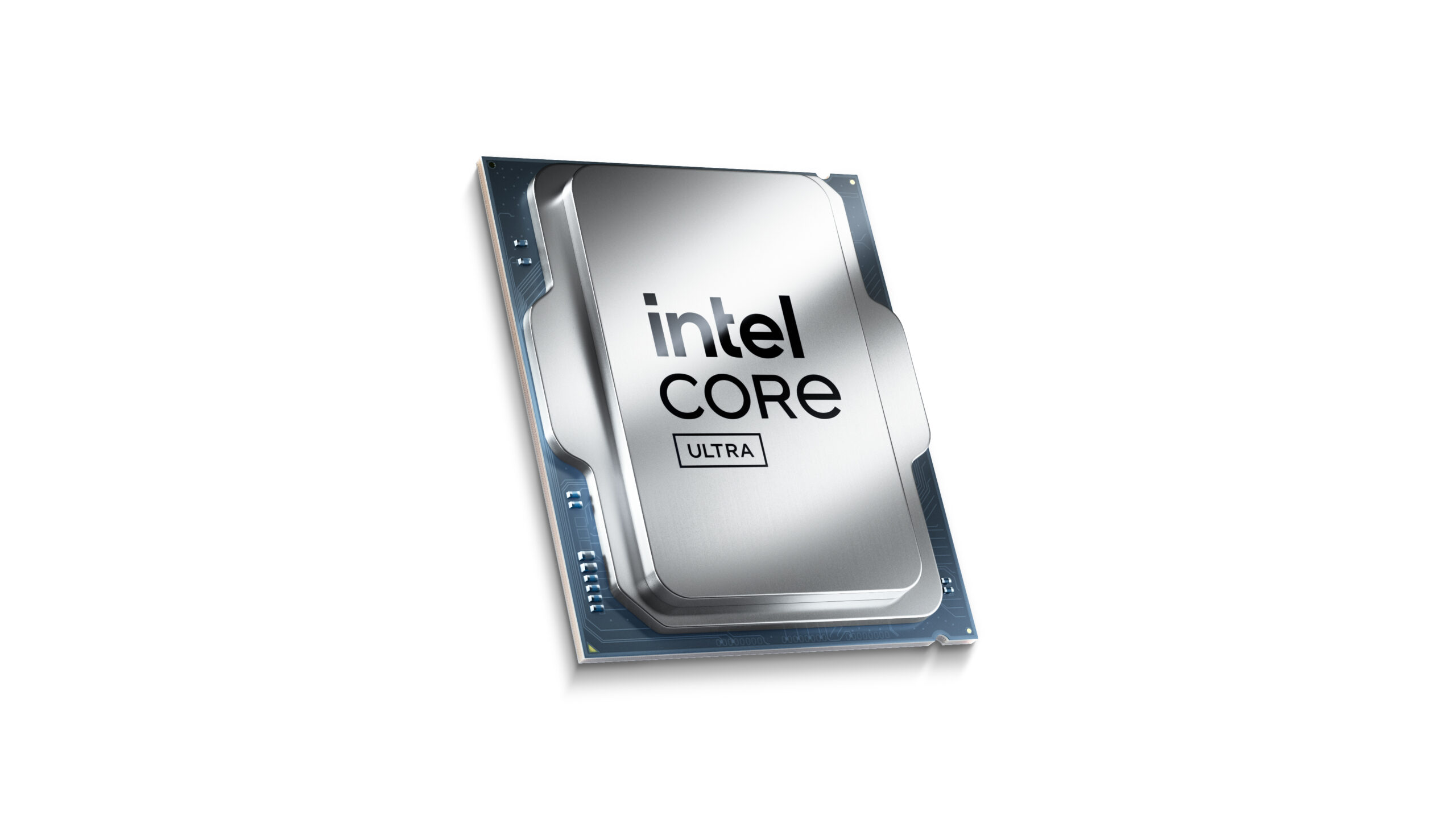 Image of an Intel Core Ultra processor, featuring a sleek, silver design with the text intel CORE ULTRA engraved on the top. The processor is shown from an angle, highlighting its modern and compact design.