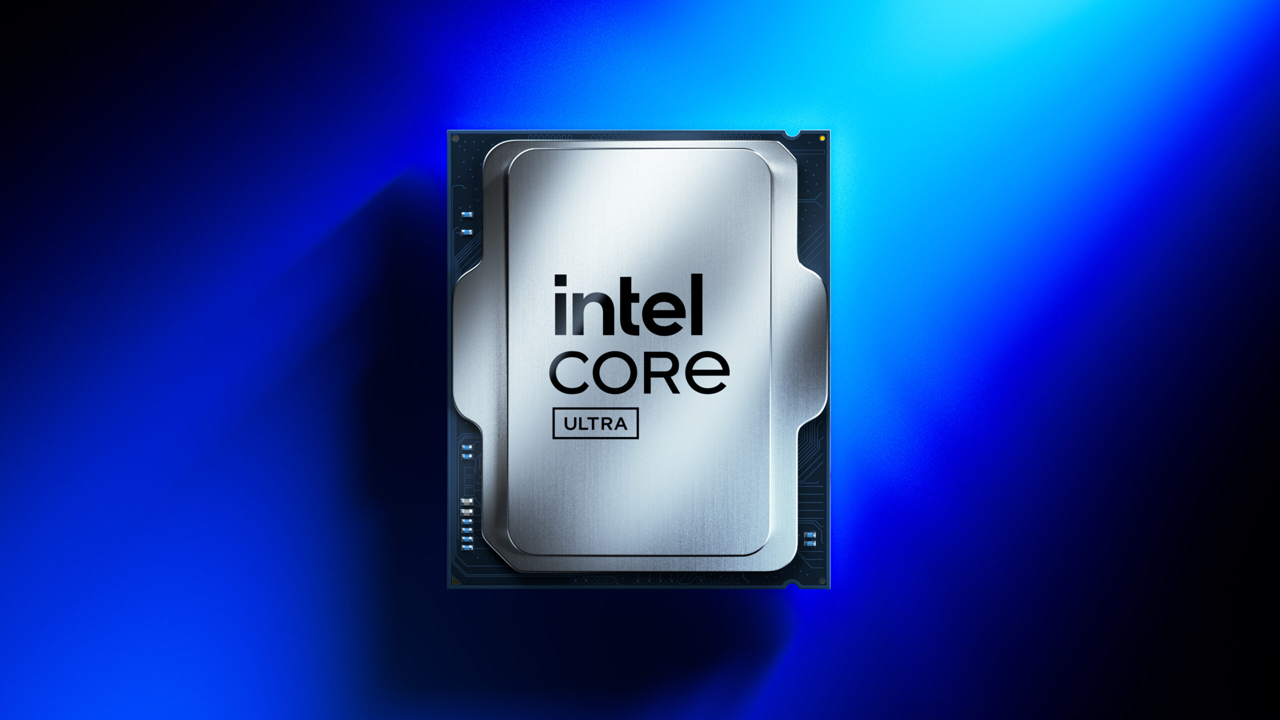 Image of an Intel Core Ultra processor on a blue gradient background, showcasing the sleek metallic design and logo prominently displayed at the center.