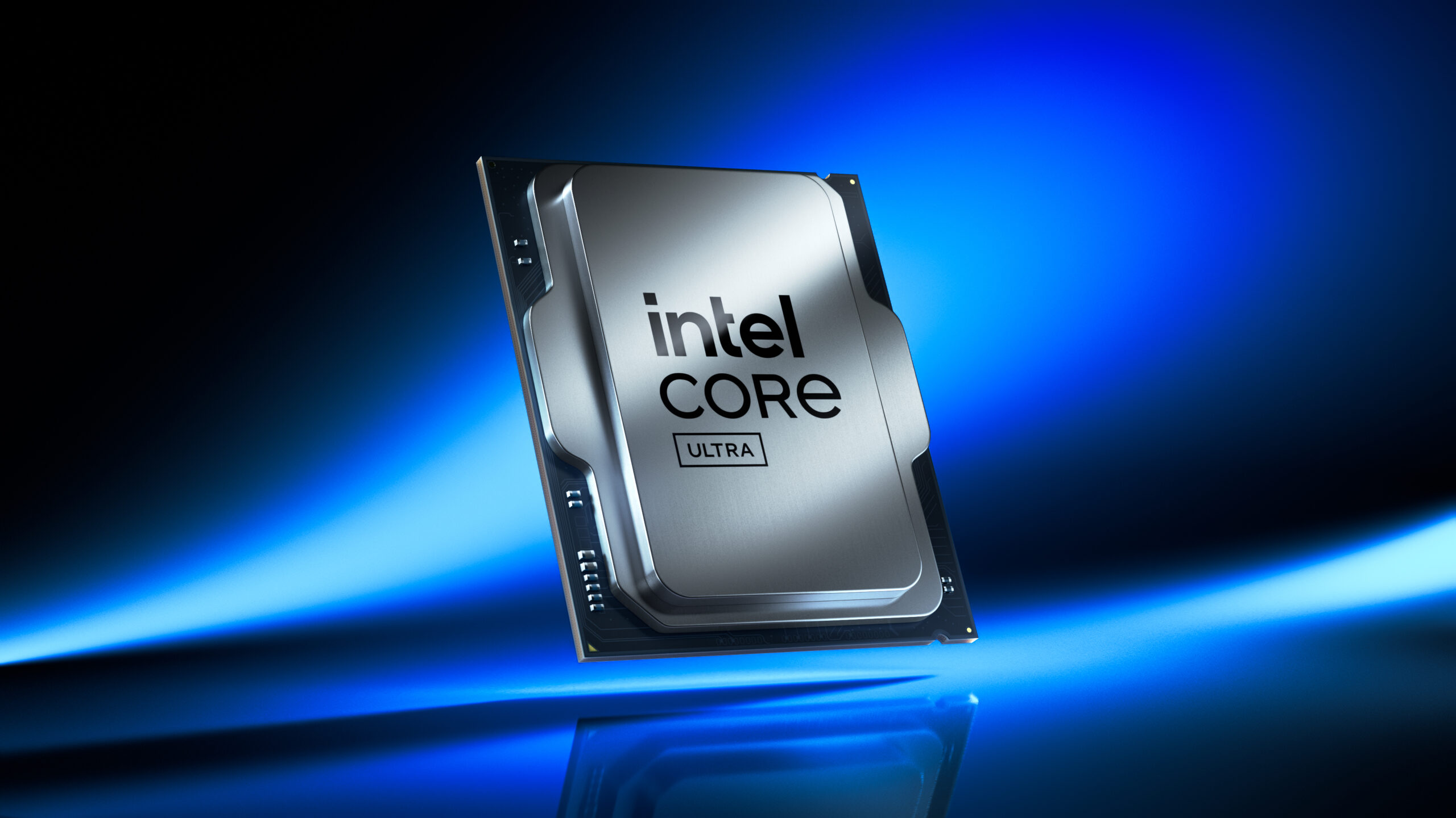 A silver Intel Core Ultra processor is displayed against a glowing blue background. The text intel CORE ULTRA is clearly printed on the processor. The composition highlights the processors sleek design and futuristic appeal.