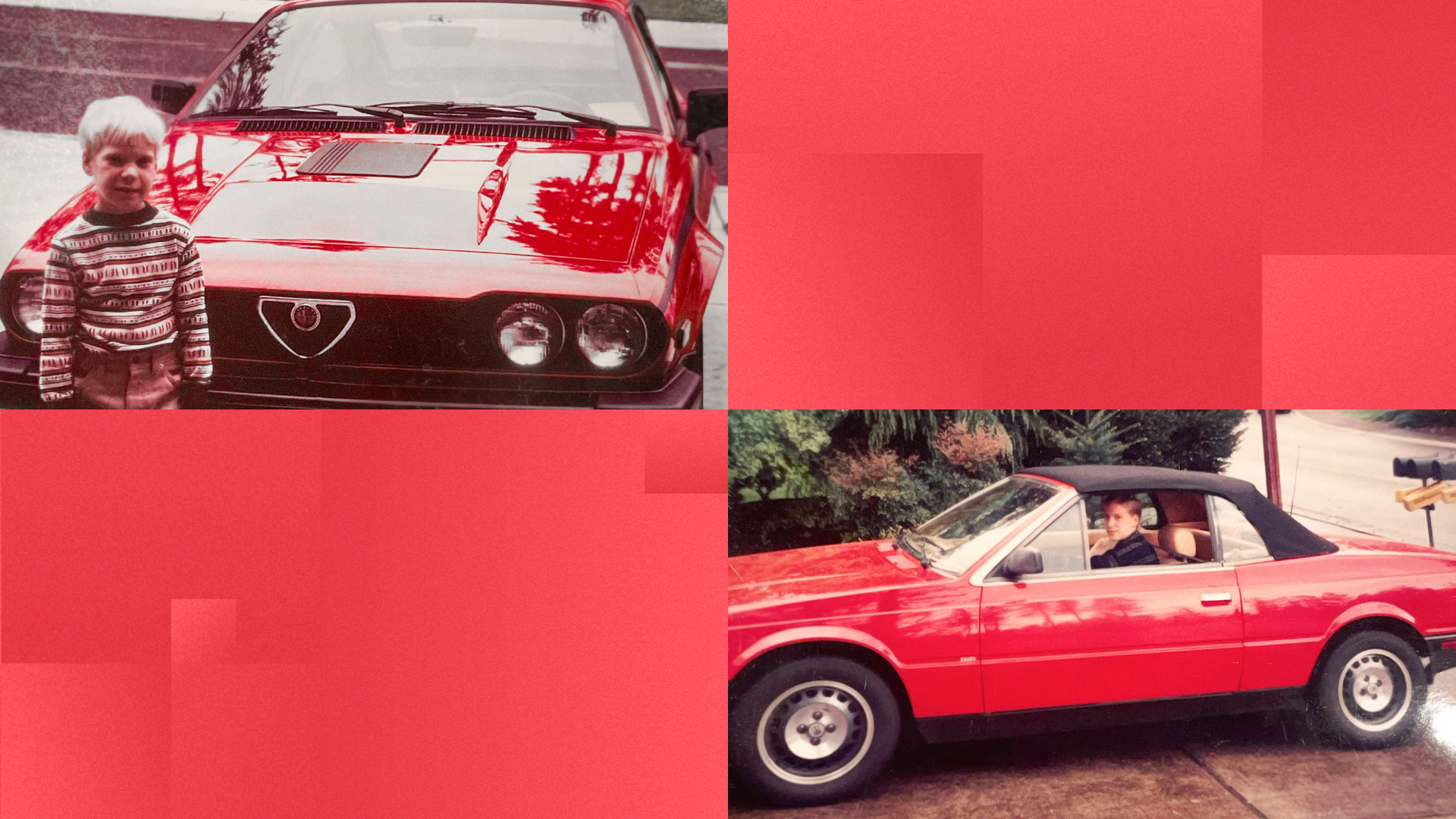 A young child in a striped sweater stands beside a red classic sports car with distinctive headlights. Another image shows a person sitting inside a red convertible parked on a driveway, surrounded by greenery. Both images have a red geometric background.