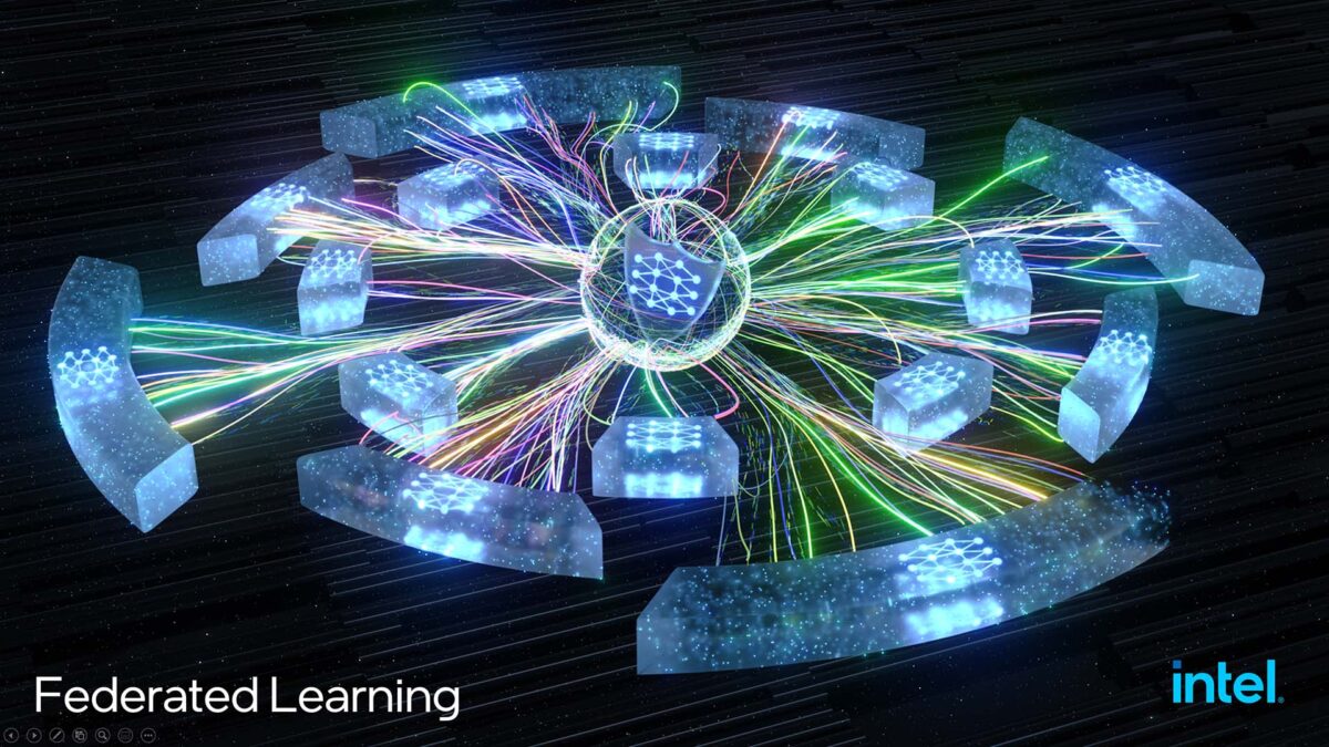 A digital illustration depicting federated learning, featuring a central network hub connected to surrounding nodes with colorful, glowing lines. The image includes the Intel logo in the corner.