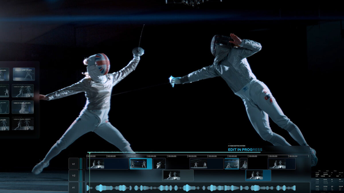 Two fencers in full gear engage in a dynamic match on a dark stage. The fencer on the left lunges forward with their foil, while the right fencer leaps in the air. A digital editing interface overlays the scene.