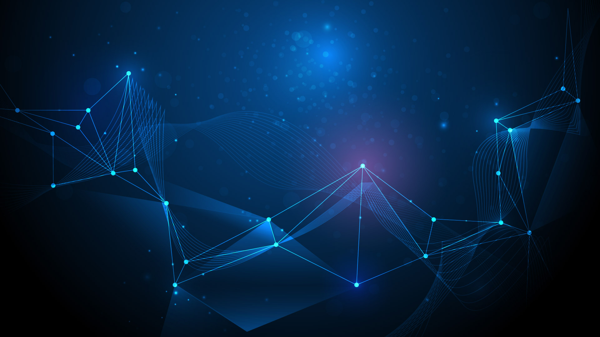 Abstract digital landscape with interconnected glowing blue lines and nodes on a dark background. The composition resembles a network or technological grid, featuring dynamic waves and particles, creating a futuristic or sci-fi atmosphere.